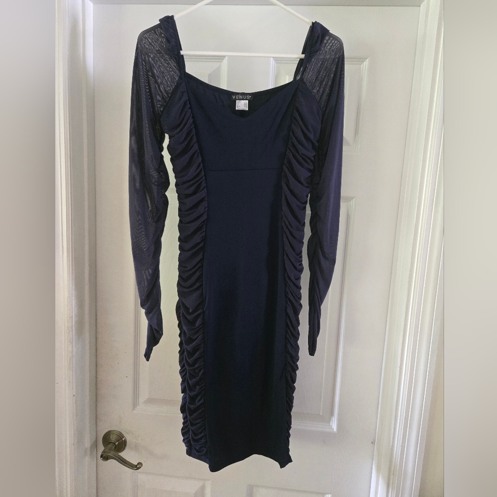 VENUS Blue Ribbed Bodycon Dress with Bishop Sleeves - Picture 3 of 4
